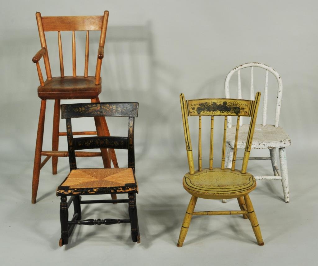 Group Four Child's Windsor Chairs: Group of four child's Windsor chairs, comprising two side chairs, one rocking chair and one high chair, mid to late 19th C. Largest: 35" high, 17" wide, 16 3/4" deep; smallest: 23 1/4" high, 13 3/4" w