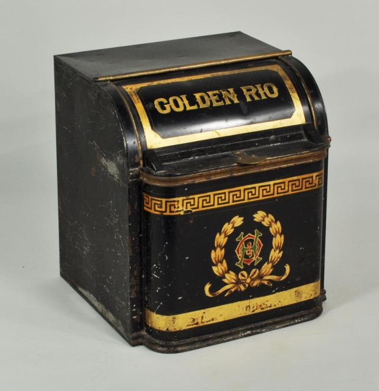 Golden Rio Tole Coal Bin: Golden Rio tole coal bin, with gold stenciled "Golden Rio" and other decoration. 21 1/2" high, 19 1/2" wide, 19 1/4" deep.