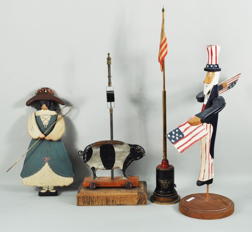 Four Folk Art Wood Items: Four folk art wood items, 20th C., including a vintage miniature flagpole, an Uncle Sam whirlygig and other items. Largest: 24" high, 20" wide; smallest: 16 1/2" high, 9" wide. Condition: repaired bre