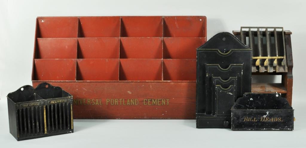 Group Painted Metal Organizational Items: Group of painted metal organizational items, c. 1900, including a graduated wall file box with drawer, a large "Universal Portland Cement" general store box and others. Largest: 15" high, 26 1/2" long