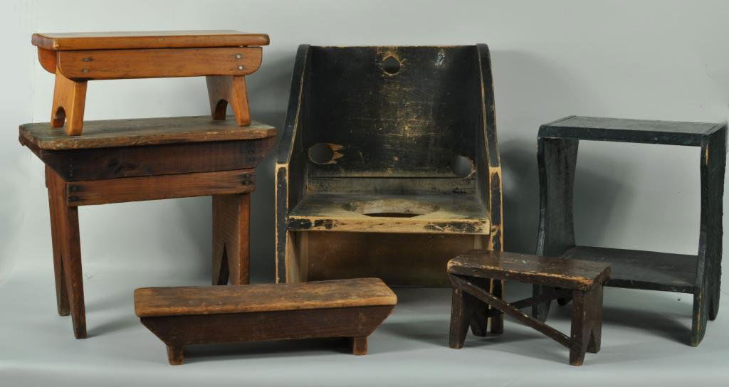 Five Small Painted Wood Stools & a Potty Chair: Five small painted and stained wood stools and a potty chair, 19th C. Largest: 18" high, 13 1/2" wide, 11" deep; smallest: 5 3/4" high, 9" long. Condition: loss, breaks