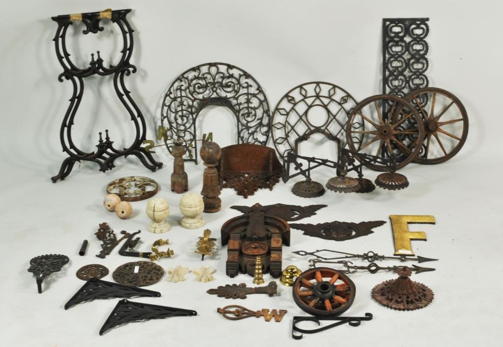 Group Brass, Wood, and Iron Architectural Elements: Group of brass, wood, wrought and cast iron architectural elements, 19th/20th C., including a brass door latch and knocker, two cast weathervane arrows, a fence section and many other items. Largest: 