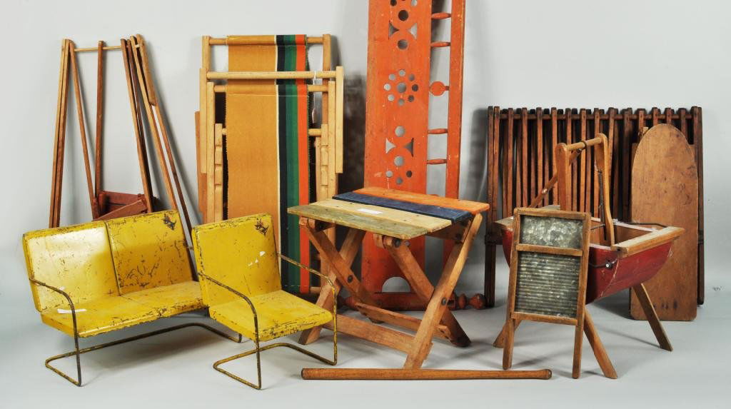 1940s Children's Metal Garden Settee & Other Items: Group of children's furniture items, 19th/20th C, including a 1940s metal garden settee and chair, a red headboard, wash tub, washboard and ironing board and other items. Largest: 11 1/2" high, 31 1/4
