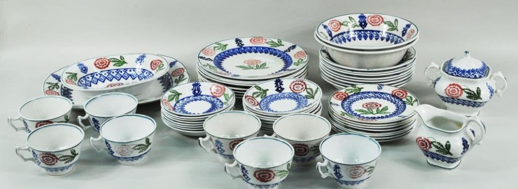 Scottish Porcelain Partial Service: Scottish Porcelain partial service, c. 1900, with stenciled floral and flow blue design, stamped in green on reverse BP Co. Ltd. Made in Scotland Hand Painted, comprising 8 plates, 8 salad plates, 8 b