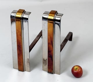 Pair Karl Springer MCM Nickel & Brass Andirons