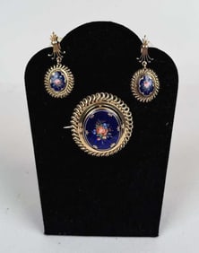 18K Gold & Guilloche Enamel Earring & Brooch Set