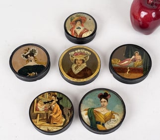 Group Six Painted Papier Mache Snuff Boxes 19th C.