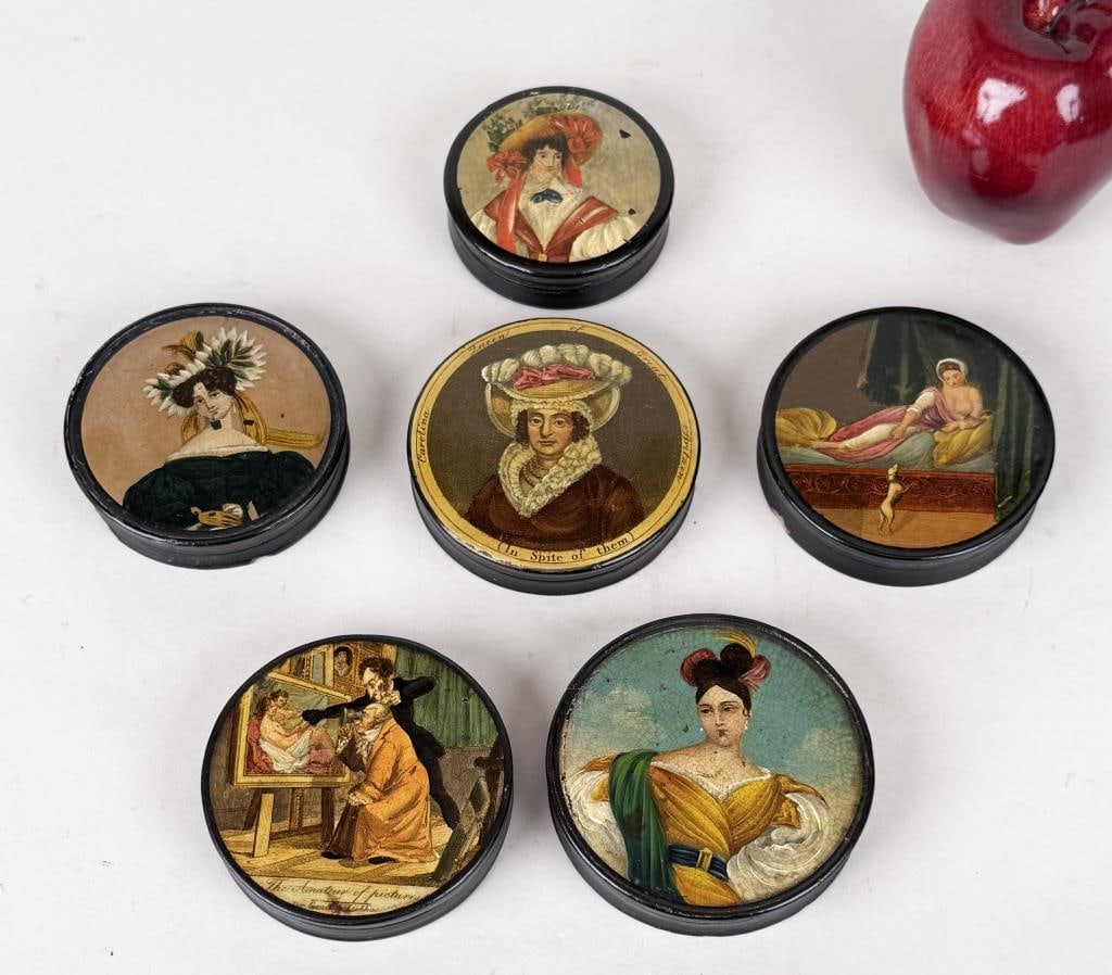 Group Six Painted Papier Mache Snuff Boxes 19th C. (1 of 9)