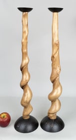Pair David Ebner MCM Twisted Wood Candlesticks