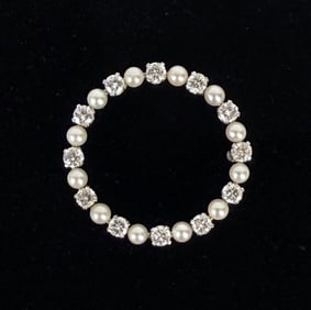 14K White Gold, Diamond & Pearl Brooch