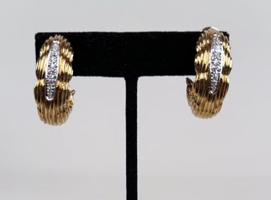 Pair 14K Gold & Diamond Hoop Earrings