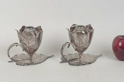 Pair English Sheffield Lily Pad Leaf Fluid Lamps