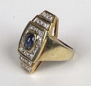 Deco Inspired 14K Gold, Diamond & Sapphire Ring