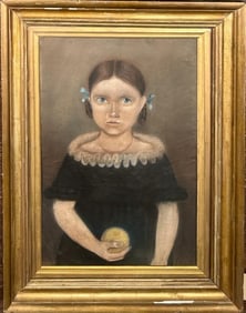 American School Folk Art Portrait Girl w/ Ball