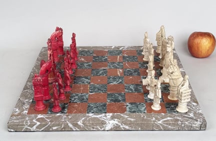 Carved Bone & Marble Chess Set