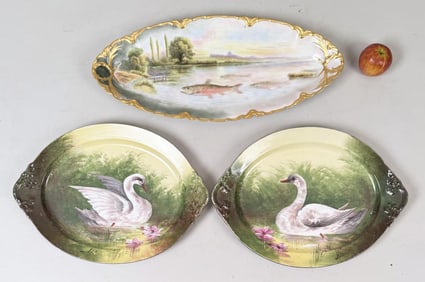 Three Limoges Trays; Fish & Geese