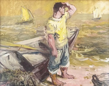 Gouache, "Fisherman" Signed LL