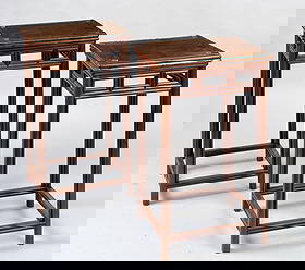 Pair Chinese Hardwood End Tables: includes protective glass tops. 31 1/2" high, 18" wide, 14 1/2" deep.