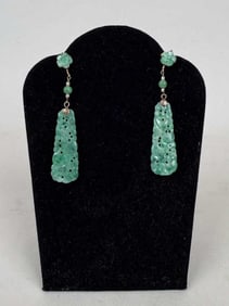 Pair Gold & Pierced Jade Drop Earrings