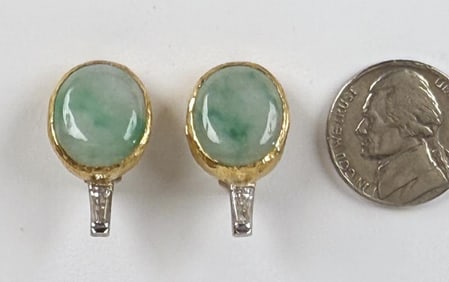 Pair Modernist 14K Gold, Jade & Diamond Earrings