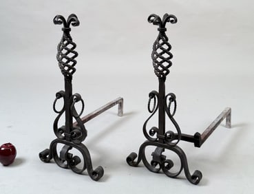 Pair Elaborate Vintage Wrought Iron Andirons