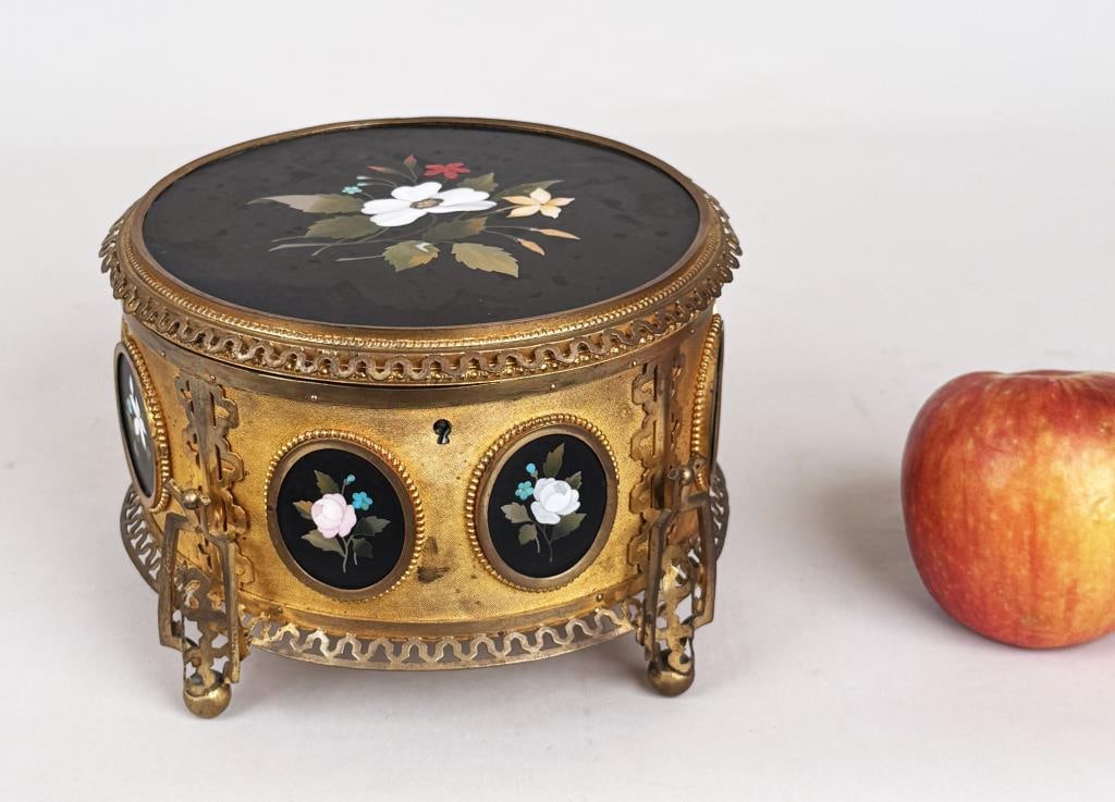 Guttin, Pietra Dura & Gilt Bronze Box: 4 1/2" high, 7 1/8" diameter. Light oxidation, wear to stone finish.