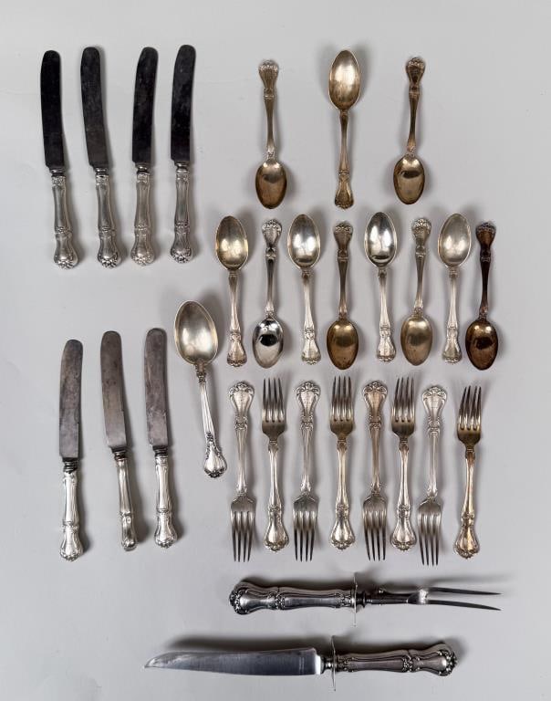 Gorham Buckingham Partial Sterling Flatware: comprising 11 teaspoons, 8 dinner forks, tablespoon, carving knife and fork, and 7 knives. Knife: 12" long. Weighable silver: 22.245 OZT. Monogramming, oxidation, age and use wear. *No credit card pay