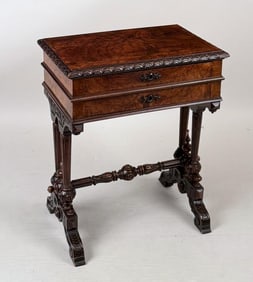 19th C. Carved Walnut Trestle Base Sewing Table