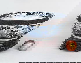 Large Chinese Blue & White Porcelain Bowl/Stand: carved wooden stand. Chenhua Nian Zhi marks on base, lotus and bird motif. Bowl alone: 6" high, 14 3/4" diameter. Crazing.