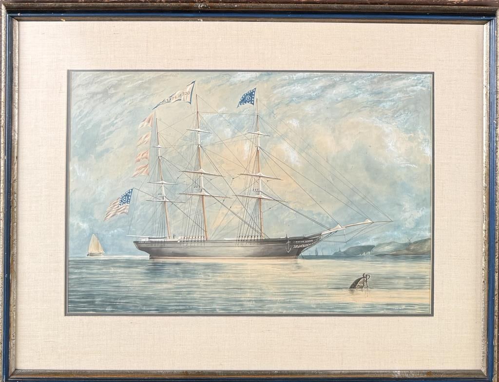 W/C Ship Portrait "The Ocean Steed": American tall ship in calm waters, unsigned. Frame size: 24" high, 31 1/2" wide. Not examined out of frame.