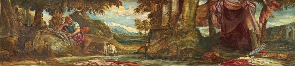 After Veronese, Gouache "Actaeon At The Pool": after Paolo Veronese (Italian 1528-1588), gouache on paper, mounted on paper backer and wrapped on wooden stretcher/frame; mythological and allegorical color scene after the composition in oil "Actaeo