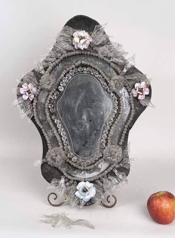Early Diminutive Venetian Glass Mirror: 19 1/8" high, 14 3/4" wide. Damages, missing and loose components.