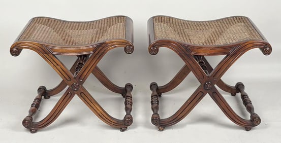 Pair Regency Mahogany Caned Curule Base Stools