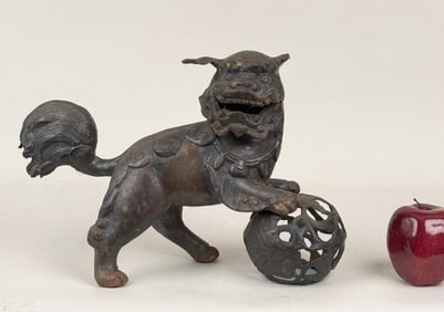 Chinese Cast Iron Foo Dog & Pierced Ball