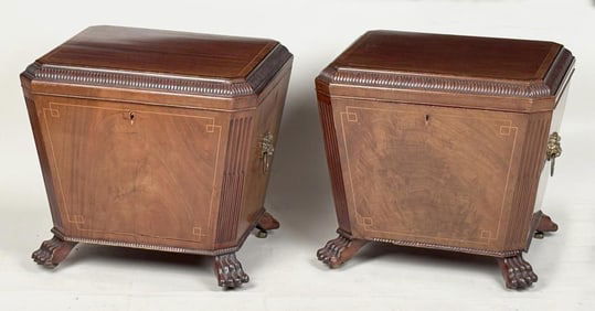 Pair Regency Carved & Inlaid Mahogany Cellarettes