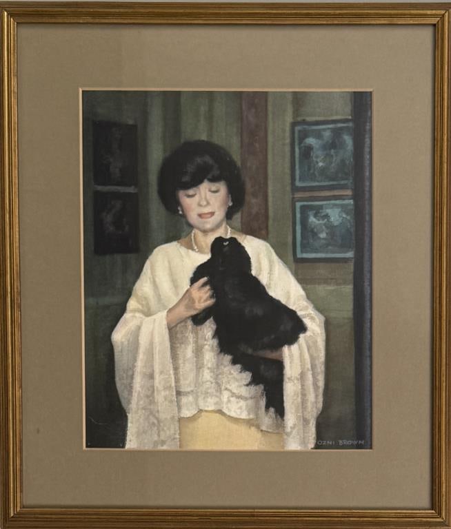 Brown, W/C Portrait, Woman & Dog: Ozni Brown (Am. 1948-1991). Woman with Pekingese. Frame size: 17 1/4" high, 15 1/4" wide. Not examined out of frame.
