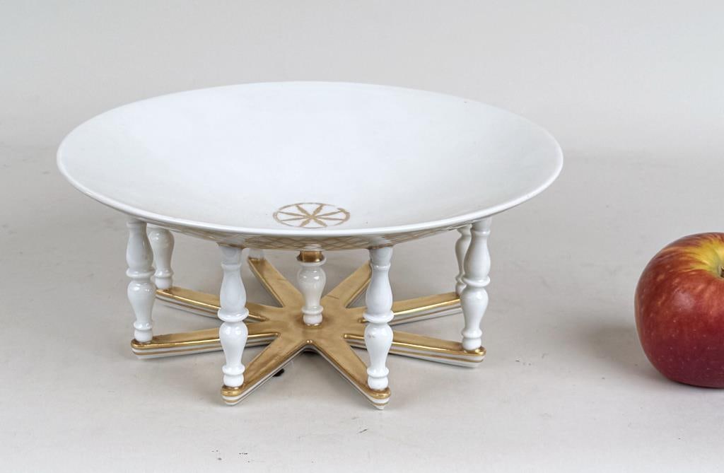 Columnar Footed Ginori Center Dish: 4" high, 9 7/8" diameter. Wear to gilt.