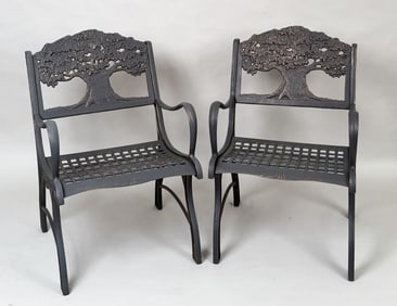 Pair Cast Iron Arborial Theme Garden Chairs
