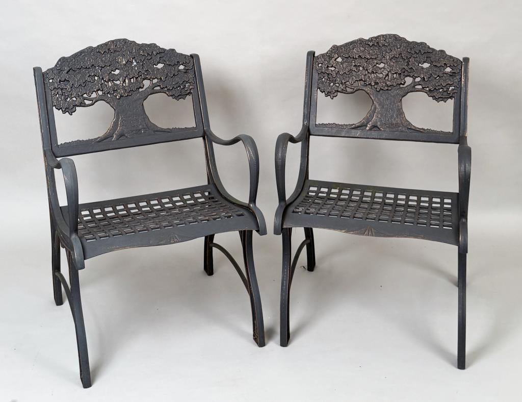 Pair Cast Iron Arborial Theme Garden Chairs: Gardeco contemporary with tree form design. 32 1/2" high, 20 3/4" wide, 20 1/2" deep.