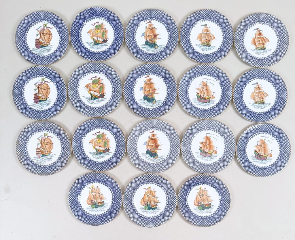 Set Eighteen Wedgwood Porcelain Dinner Plates: transferred blue scale pattern and hand painted ships. 10 1/2" diameter. Some scuffs, light age and use wear.