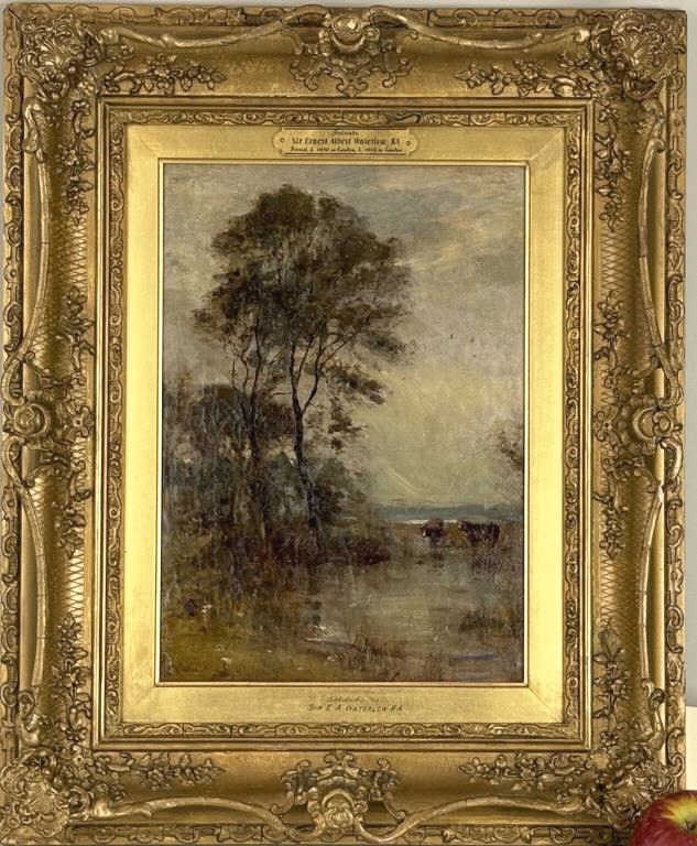E.A. Waterlow, Landscape Solitude: Sir Ernest Albert Waterlow R.A. (Br., 1850-1919), landscape with cows at pond, signed "E. Waterlow" lower left. Frame size: 22" high, 18" wide.