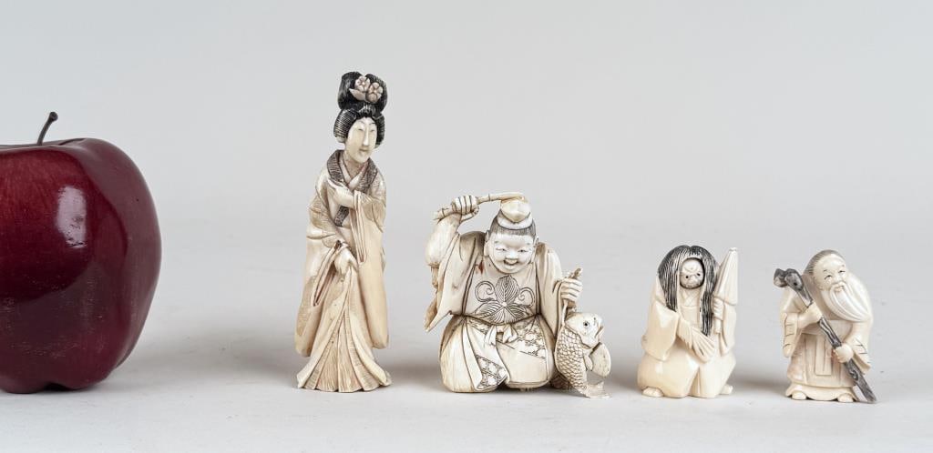 Four Carved Bone Japanese Figures (1 of 7)