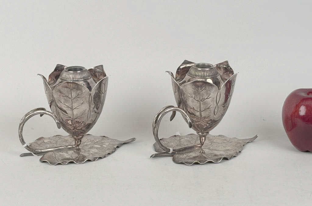 Pair English Sheffield Lily Pad Leaf Fluid Lamps (1 of 9)