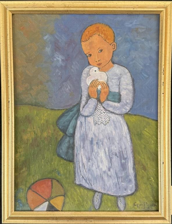 After Picasso, Girl With Dove "L'Enfant de Pigeon": oil on canvas board, signed lower right "After Picaso.IS.S". After the famous "Child with a Dove" (French: L'enfant Au Pigeon), an oil on canvas painting by the Spanish artist Pablo Picasso, which he