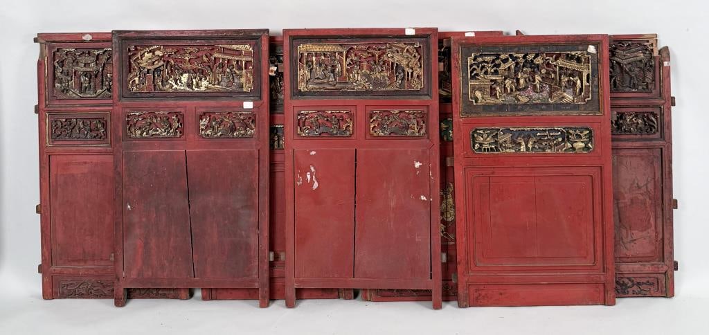 Group Seven Chinese Lacquer & Carved Relief Panels (1 of 9)