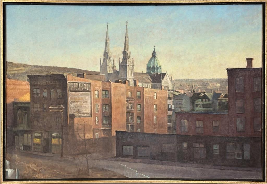P. Poskas II, Waterbury CT Scene St. Anne's Church: Peter Poskas II (Am., b. 1939) oil on canvas of downtown Waterbury CT scene, circa 1970's, with view of St. Anne's Church at 515 South Main Street. Signed lower right "Poskas". Frame size: 22 3/4" hig