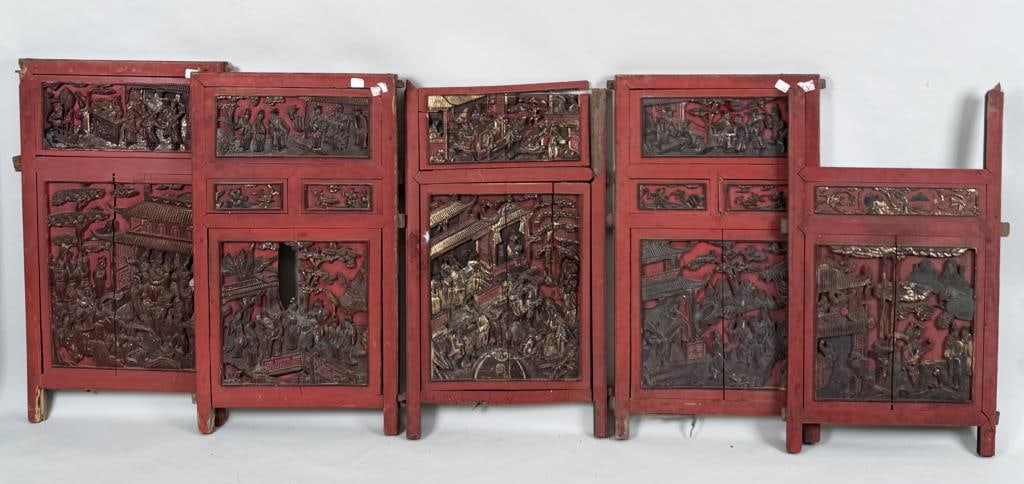 Group Five Chinese Lacquer & Carved Relief Panels (1 of 9)