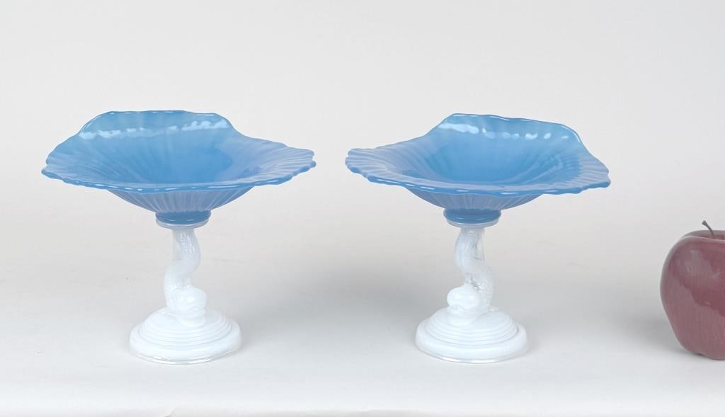 Two Opaline Glass Candy Dishes, Dolphin Bases (1 of 9)