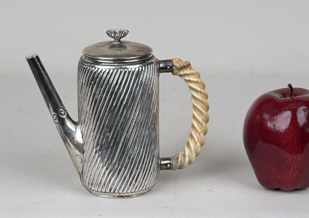 Gorham Sterling Small Lidded Pot: with bone handle, ornate daisy flower finial and fluted design. 5 5/8" high, 6" wide, 2 1/2" deep. Gross weight: 8.695 OZT. Oxidation, polish residue, dent at bottom edge, damage to handle. *No credit