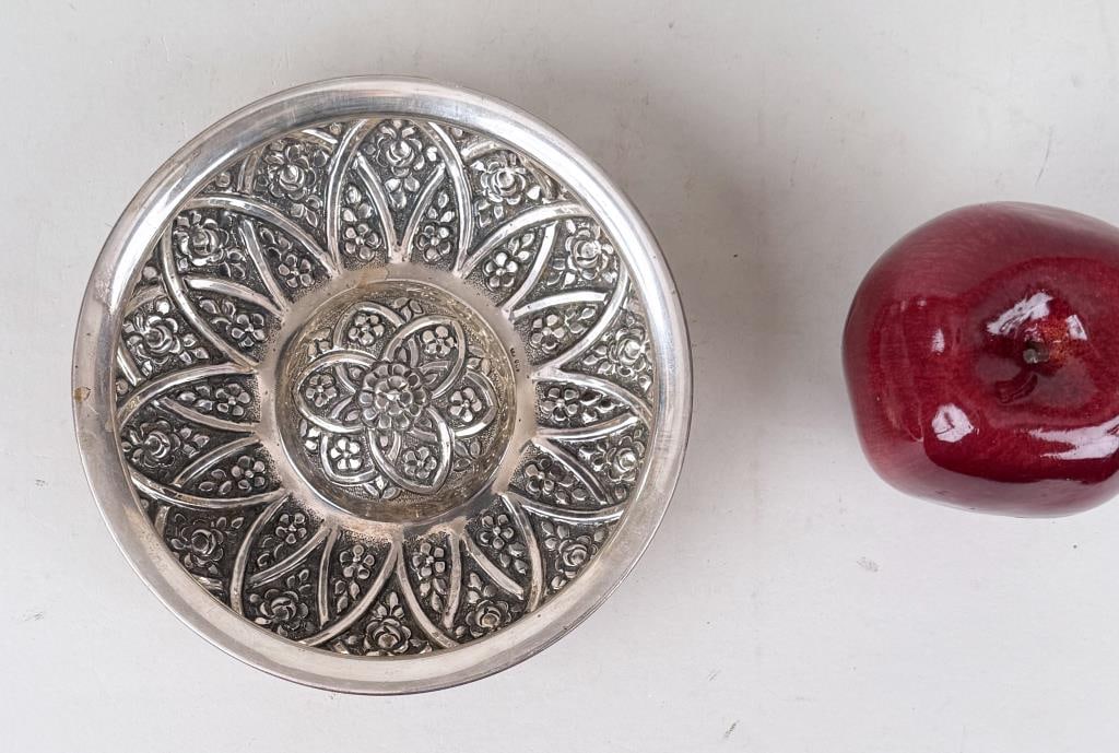 900 Silver Turkish Ottoman Hammam Bowl: ornate repousse Near Eastern design. 1 3/4" high, 6 1/8" diameter. Weight: 6.050 OZT. Oxidation, light age and use wear. *No credit card payments will be accepted for silver, gold, or jewelry from buy